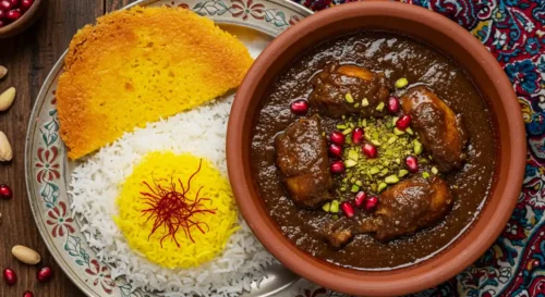 A rich, dark brown bowl of authentic Persian Fesenjan stew, garnished with vibrant pomegranate seeds and chopped pistachios, served with saffron rice