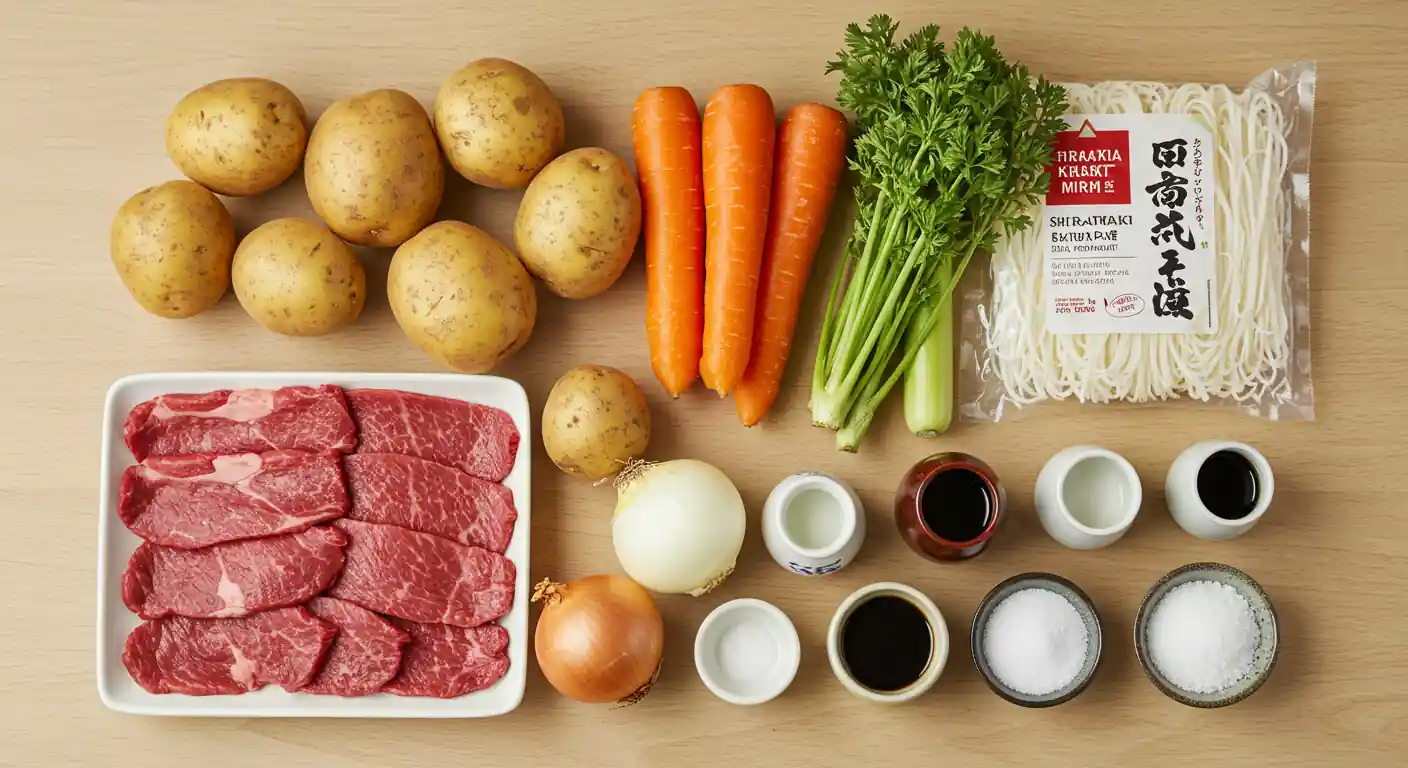 Best Nikujaga: The Ultimate Secret Recipe! 2 Flat lay of fresh ingredients for Nikujaga: thinly sliced beef, Yukon Gold potatoes, carrots, onion, shirataki noodles, dashi, soy sauce, mirin, sake, and sugar