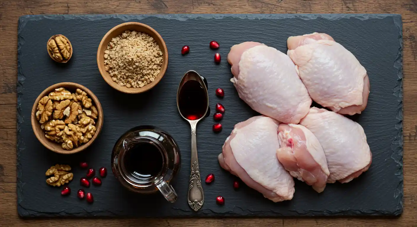 Blissful Fesenjan: The Delightful Persian Stew 2 Key ingredients for Fesenjan: whole walnuts, a bottle of dark pomegranate molasses, and raw chicken pieces arranged on a rustic surface