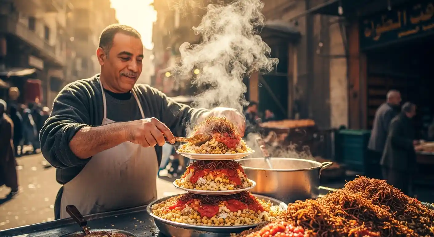 Amazing Koshari: Your Ultimate, Easy Recipe! 2 A vibrant, atmospheric depiction of a traditional Koshari street vendor in Egypt, capturing the essence of this beloved street food