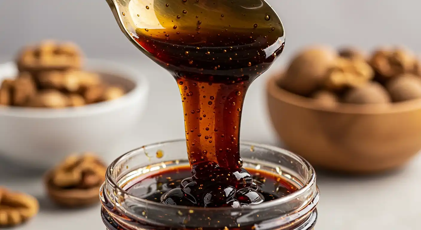 Blissful Fesenjan: The Delightful Persian Stew 6 Dark, glossy pomegranate molasses being drizzled from a spoon, showcasing its thick, syrupy consistency for Fesenjan