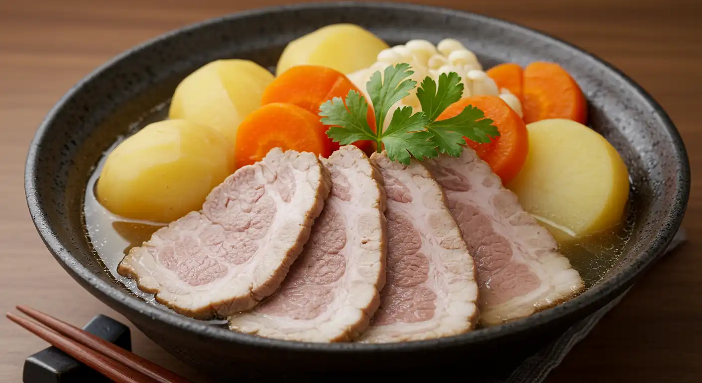 Best Nikujaga: The Ultimate Secret Recipe! 5 A delicious bowl of Pork Nikujaga, showcasing tender thinly sliced pork with potatoes and carrots in a savory-sweet broth