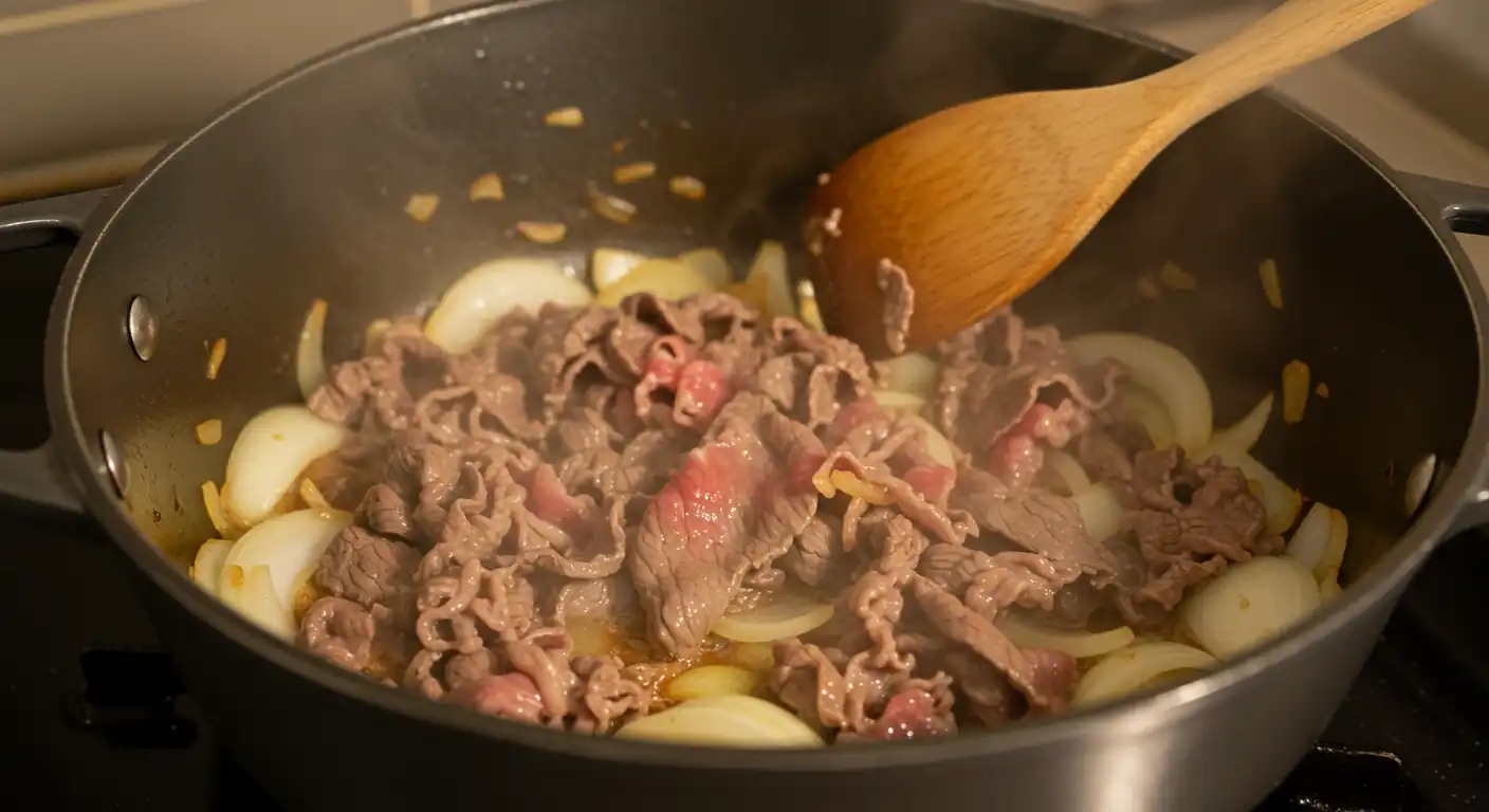 Best Nikujaga: The Ultimate Secret Recipe! 3 Thinly sliced beef and onion wedges sautéing in a large pot, the first step in cooking Nikujaga.
