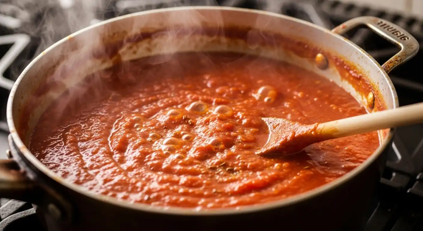Amazing Koshari: Your Ultimate, Easy Recipe! 4 A rich, red Koshari tomato sauce bubbling gently in a saucepan, infused with spices and aroma