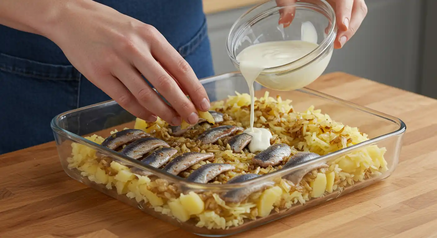 Delicious Janssons Frestelse: Ultimate Guide! 3 Hands layering potatoes, onions, and spiced sprats in a glass dish to make Janssons Frestelse