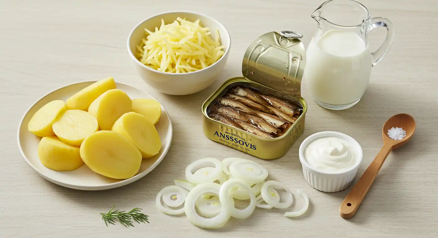Delicious Janssons Frestelse: Ultimate Guide! 2 Fresh key ingredients for Janssons Frestelse: julienned potatoes, onions, Swedish spiced sprats (ansjovis), and heavy cream.