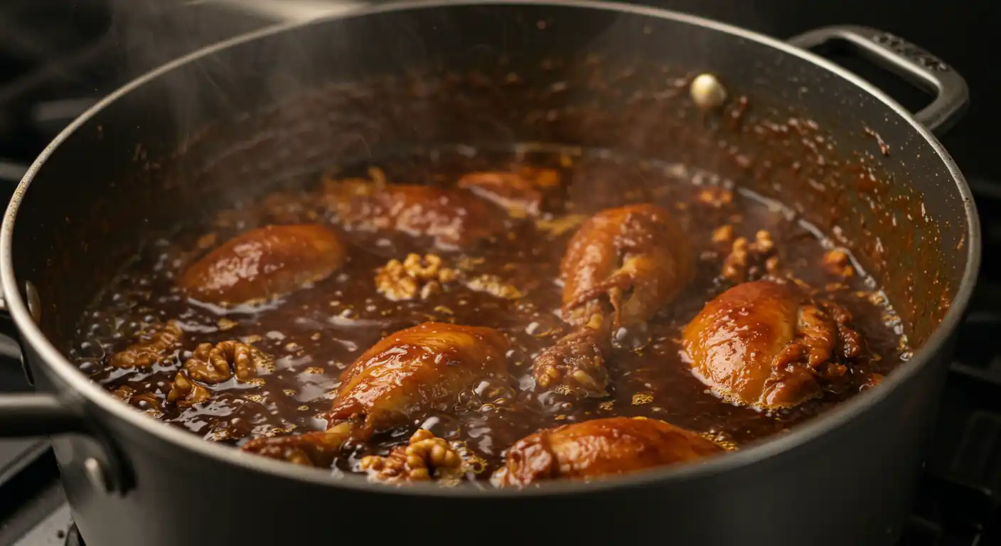 Blissful Fesenjan: The Delightful Persian Stew 3 A pot of dark, rich Fesenjan stew simmering gently on the stove, showing its thick texture and bubbling surface