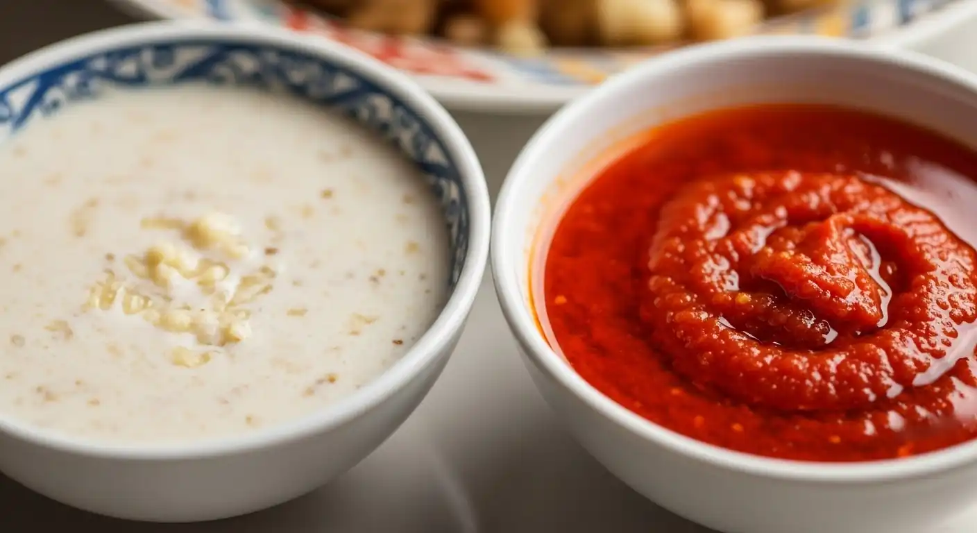 Amazing Koshari: Your Ultimate, Easy Recipe! 5 Two small traditional serving bowls containing Koshari's essential condiments: white garlic vinegar Dakka and spicy red Shatta chili sauce