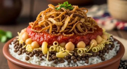 A vibrant, mouth-watering bowl of authentic Egyptian Koshari, showcasing layers of rice, lentils, pasta, and chickpeas, generously topped with rich tomato sauce and a crown of golden crispy fried onions