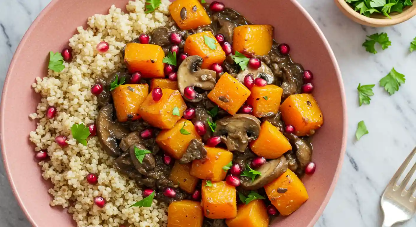 Blissful Fesenjan: The Delightful Persian Stew 5 A hearty bowl of vegetarian Fesenjan made with roasted pumpkin and walnuts, garnished with pomegranate seeds