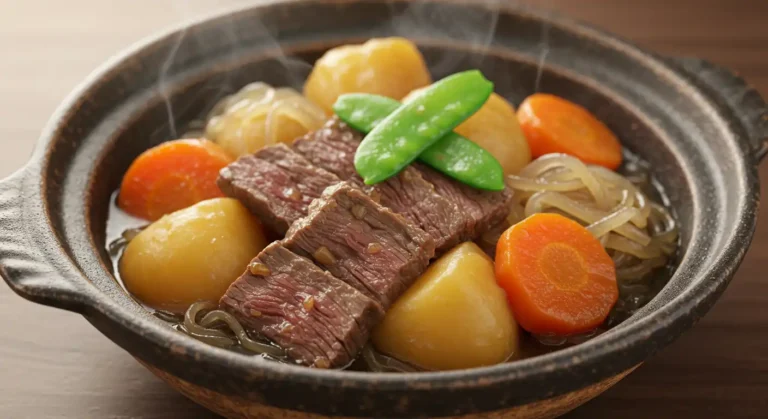 Best Nikujaga: The Ultimate Secret Recipe! 6 A comforting bowl of authentic Japanese Nikujaga stew, featuring tender beef, soft potatoes, and carrots in a savory broth, garnished with fresh green peas